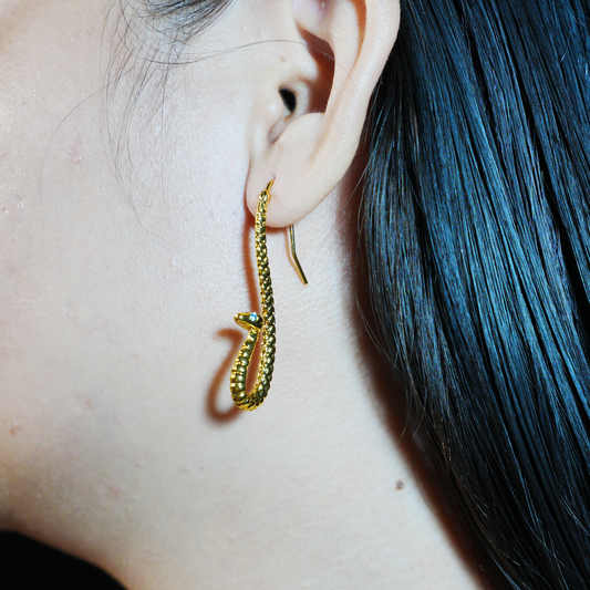 Golden Twin Serpent Earrings with Blue Eyes – Totem Inspired Hook Earrings, Mystical Snake Jewelry