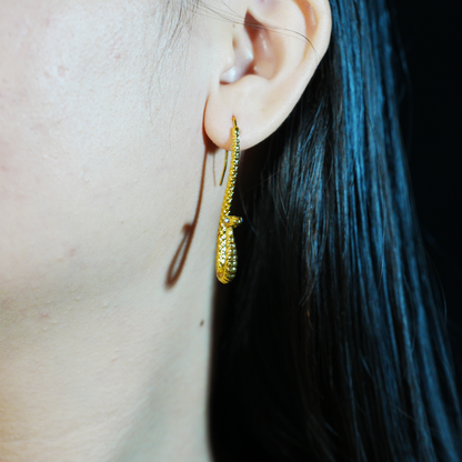 Golden Twin Serpent Earrings with Blue Eyes – Totem Inspired Hook Earrings, Mystical Snake Jewelry