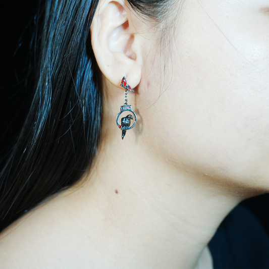 Gothic Raven Drop Earrings with Red Feather Accents | Dark Aesthetic Crow Jewelry | Unique Gift for Gothic and Alternative Fashion Lovers