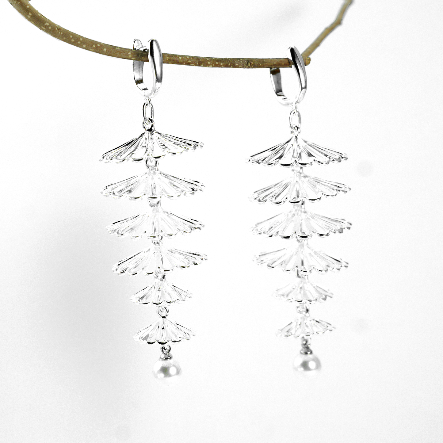 Layered Silver Fan Pearl Earrings, Dangle Drop Earrings, Oriental Art Style Long Statement Jewelry