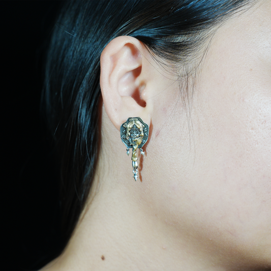 Braided Girl Earrings, Vintage Fantasy Studs with Star Dangles, Art Relief Jewelry