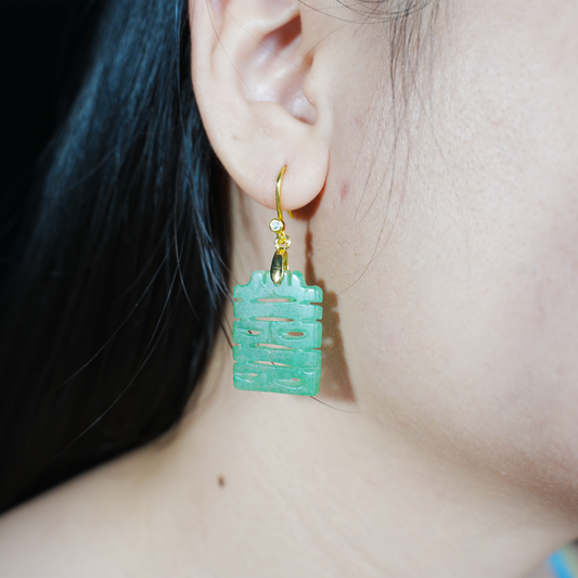 Chinese Double Happiness Jade Earrings | Long Green Jade Dangle Earrings, Wedding & Festive Lucky Charm