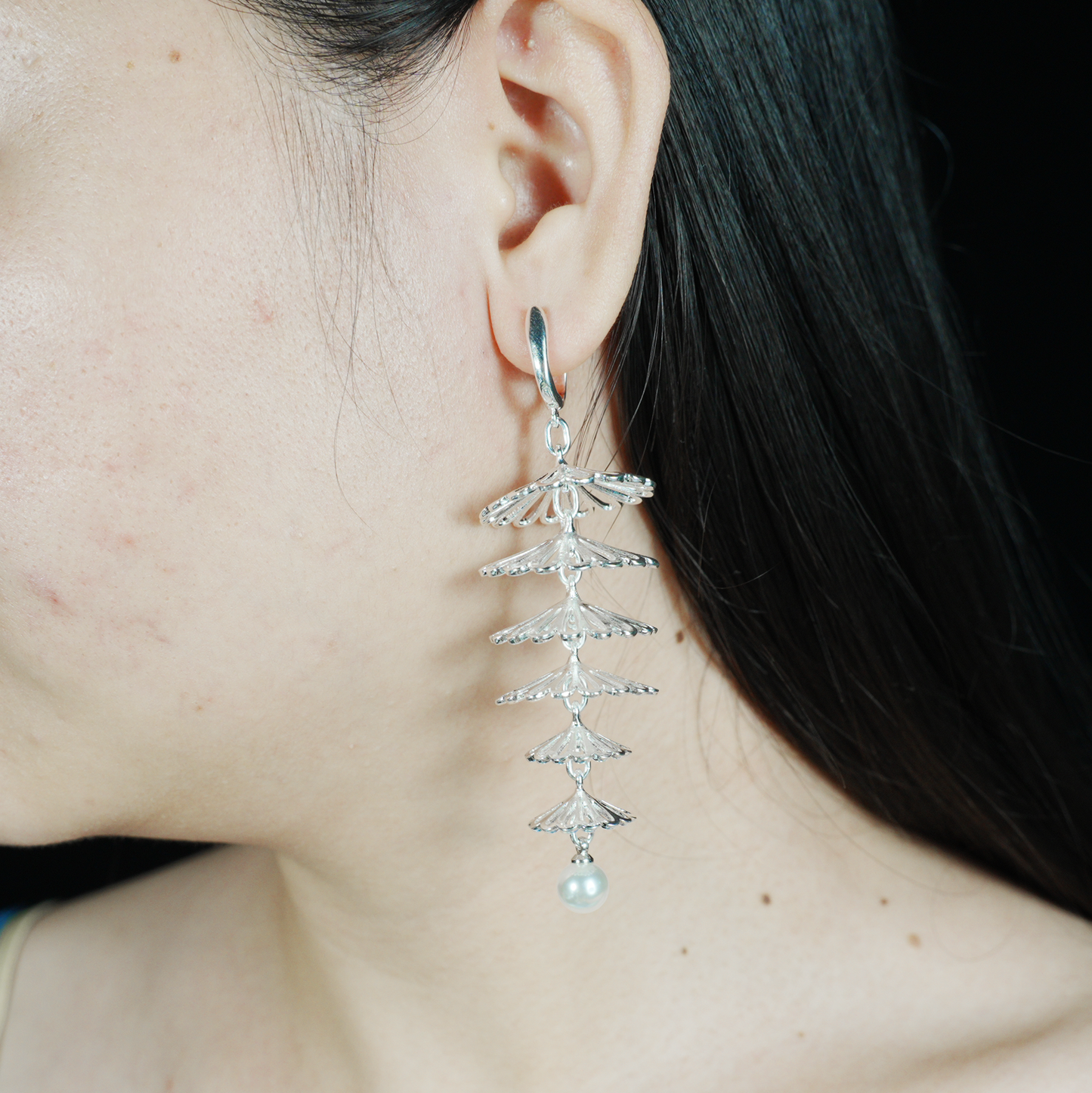 Layered Silver Fan Pearl Earrings, Dangle Drop Earrings, Oriental Art Style Long Statement Jewelry