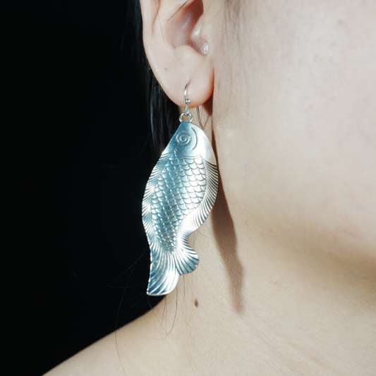 Fish Drop Earrings, Handcrafted Ethnic Style Jewelry, Vintage Carved Fish Design, Spiritual Symbol Gift for Her