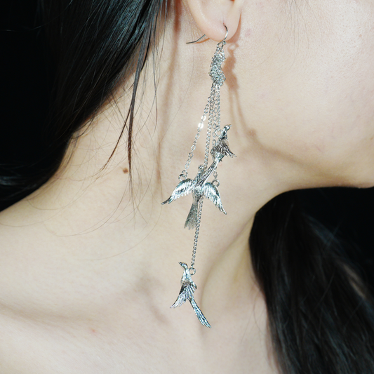 Bird Dangle Earrings, Triple Flying Birds Drop Design, Nature Animal Totem Jewelry, Long Statement Earrings for Women