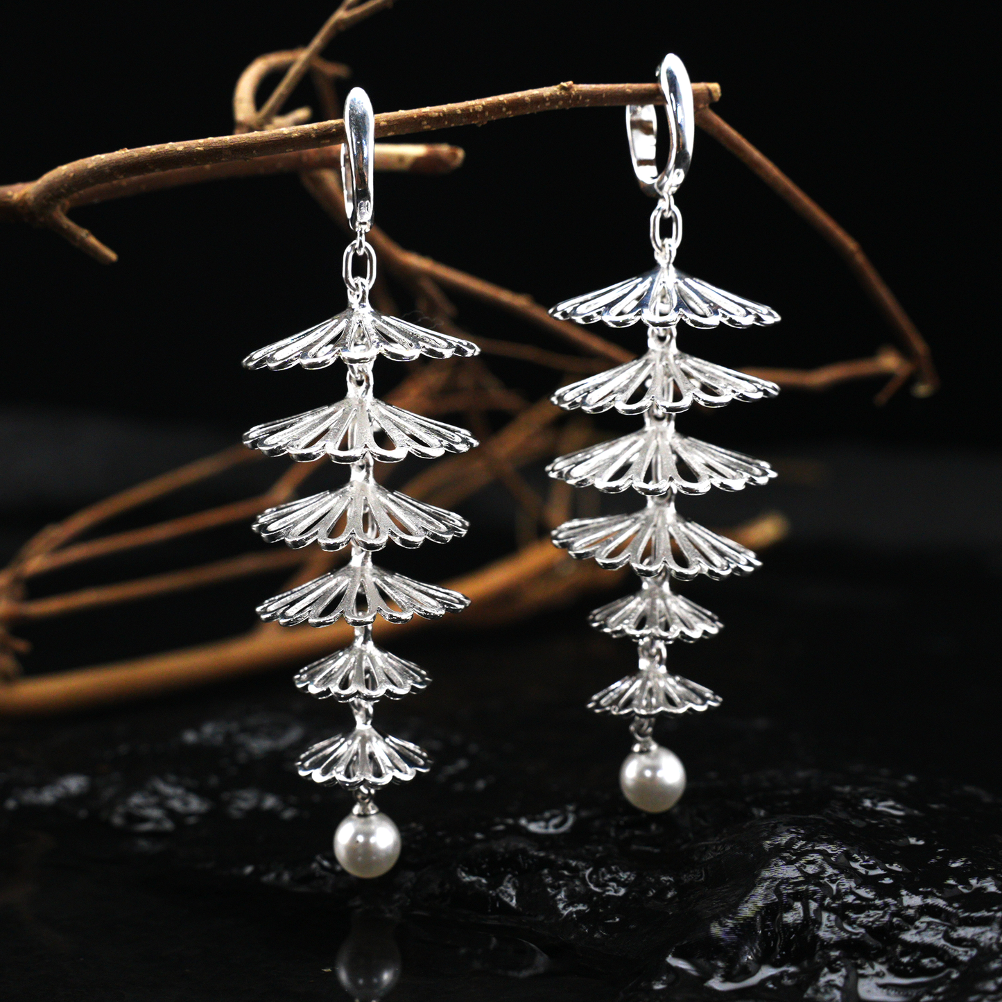 Layered Silver Fan Pearl Earrings, Dangle Drop Earrings, Oriental Art Style Long Statement Jewelry