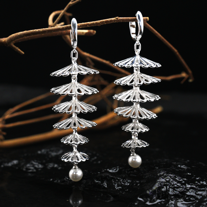 Layered Silver Fan Pearl Earrings, Dangle Drop Earrings, Oriental Art Style Long Statement Jewelry