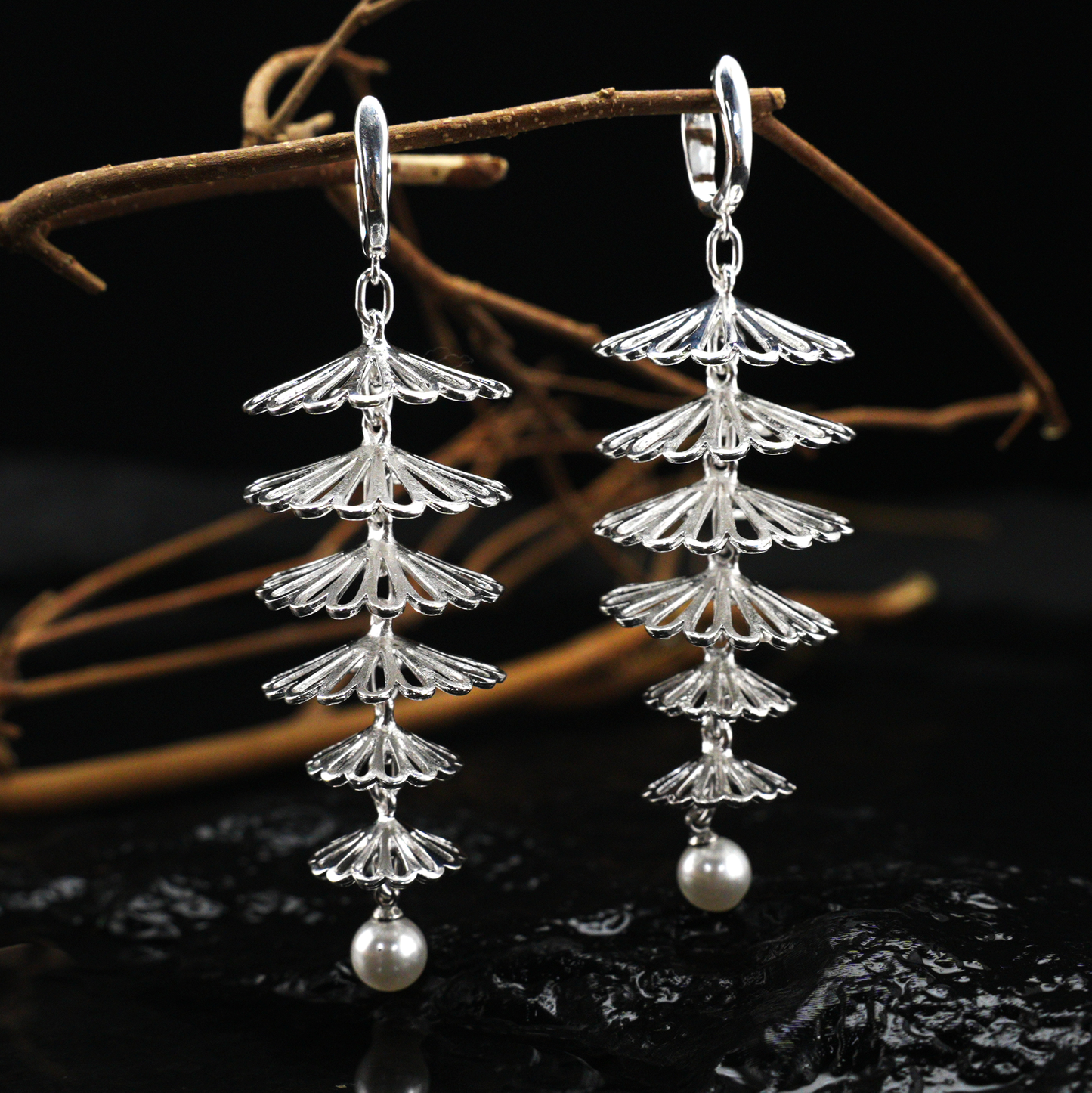 Layered Silver Fan Pearl Earrings, Dangle Drop Earrings, Oriental Art Style Long Statement Jewelry