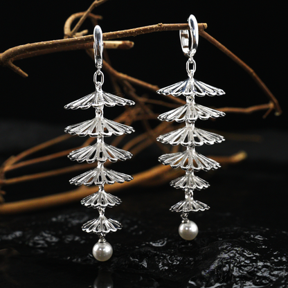 Layered Silver Fan Pearl Earrings, Dangle Drop Earrings, Oriental Art Style Long Statement Jewelry