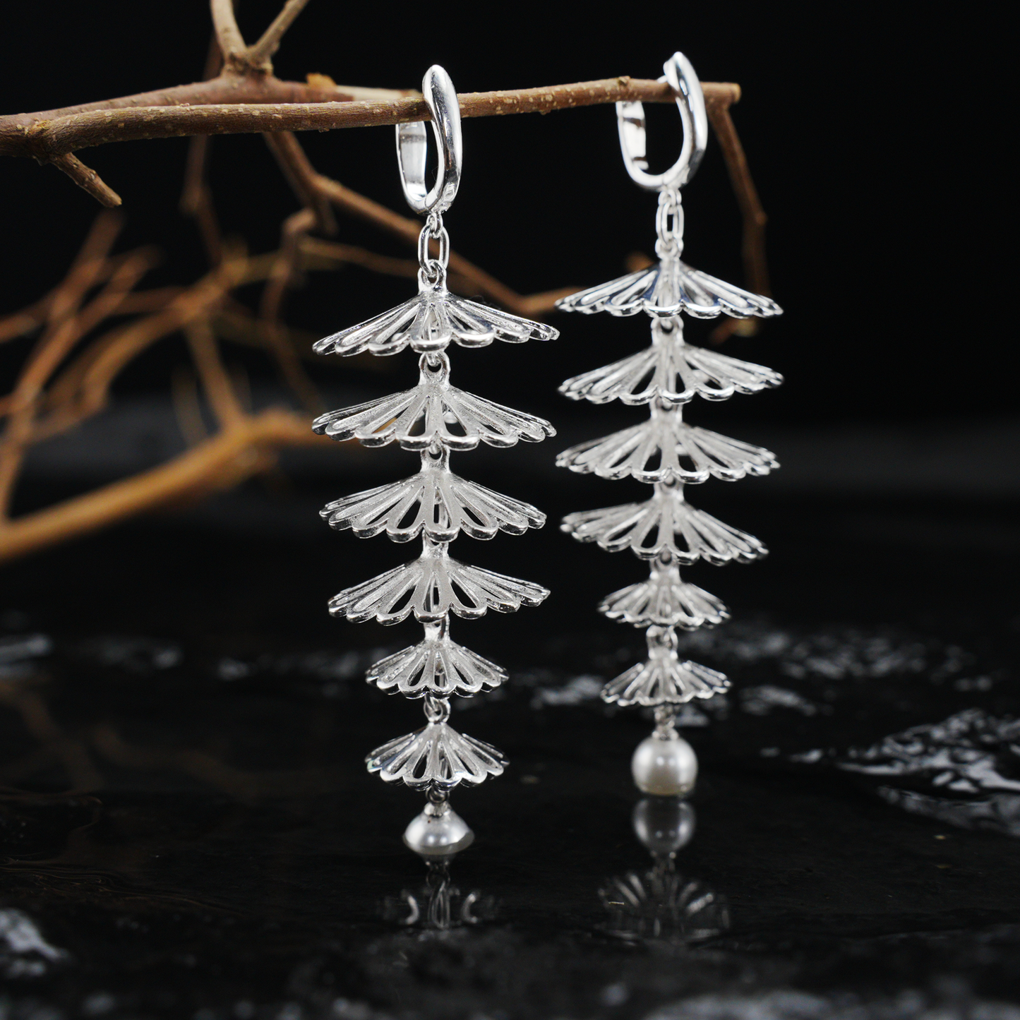 Layered Silver Fan Pearl Earrings, Dangle Drop Earrings, Oriental Art Style Long Statement Jewelry