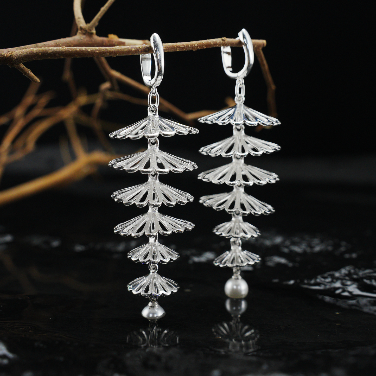 Layered Silver Fan Pearl Earrings, Dangle Drop Earrings, Oriental Art Style Long Statement Jewelry