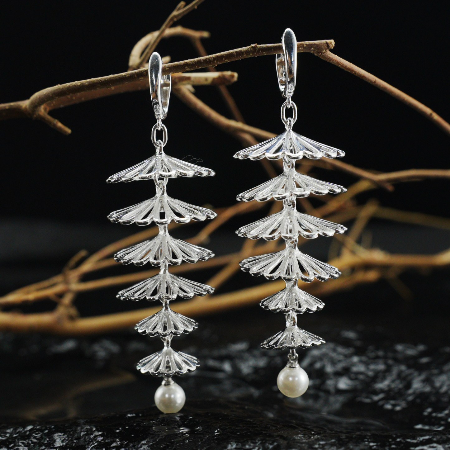 Layered Silver Fan Pearl Earrings, Dangle Drop Earrings, Oriental Art Style Long Statement Jewelry