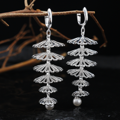 Layered Silver Fan Pearl Earrings, Dangle Drop Earrings, Oriental Art Style Long Statement Jewelry