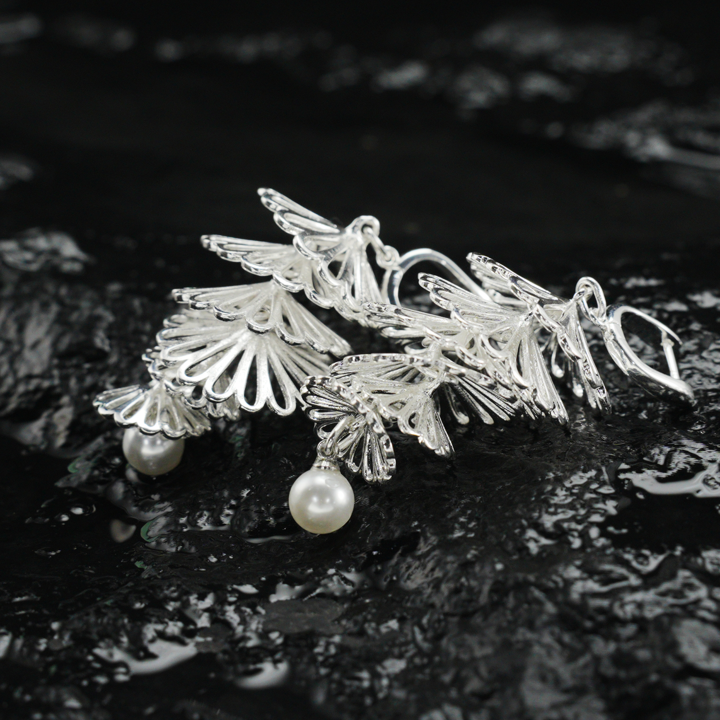 Layered Silver Fan Pearl Earrings, Dangle Drop Earrings, Oriental Art Style Long Statement Jewelry