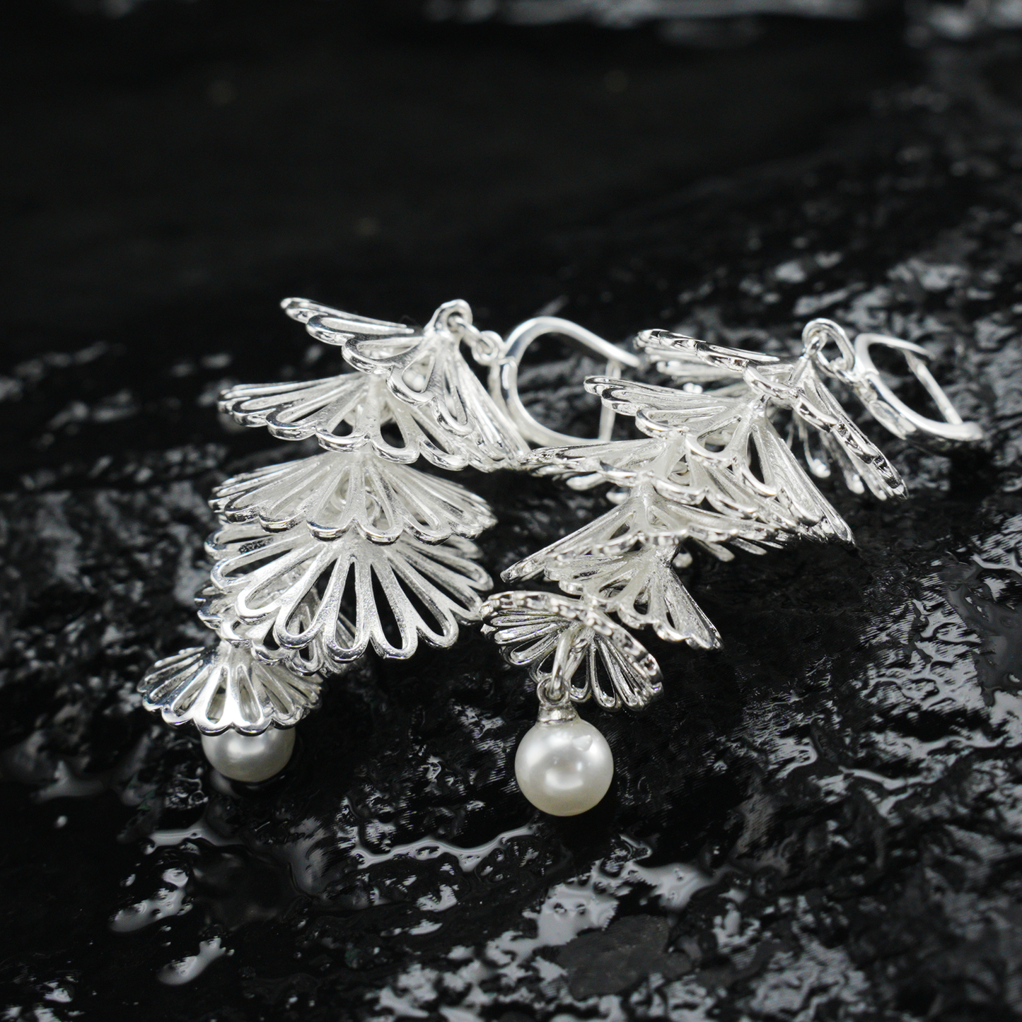 Layered Silver Fan Pearl Earrings, Dangle Drop Earrings, Oriental Art Style Long Statement Jewelry