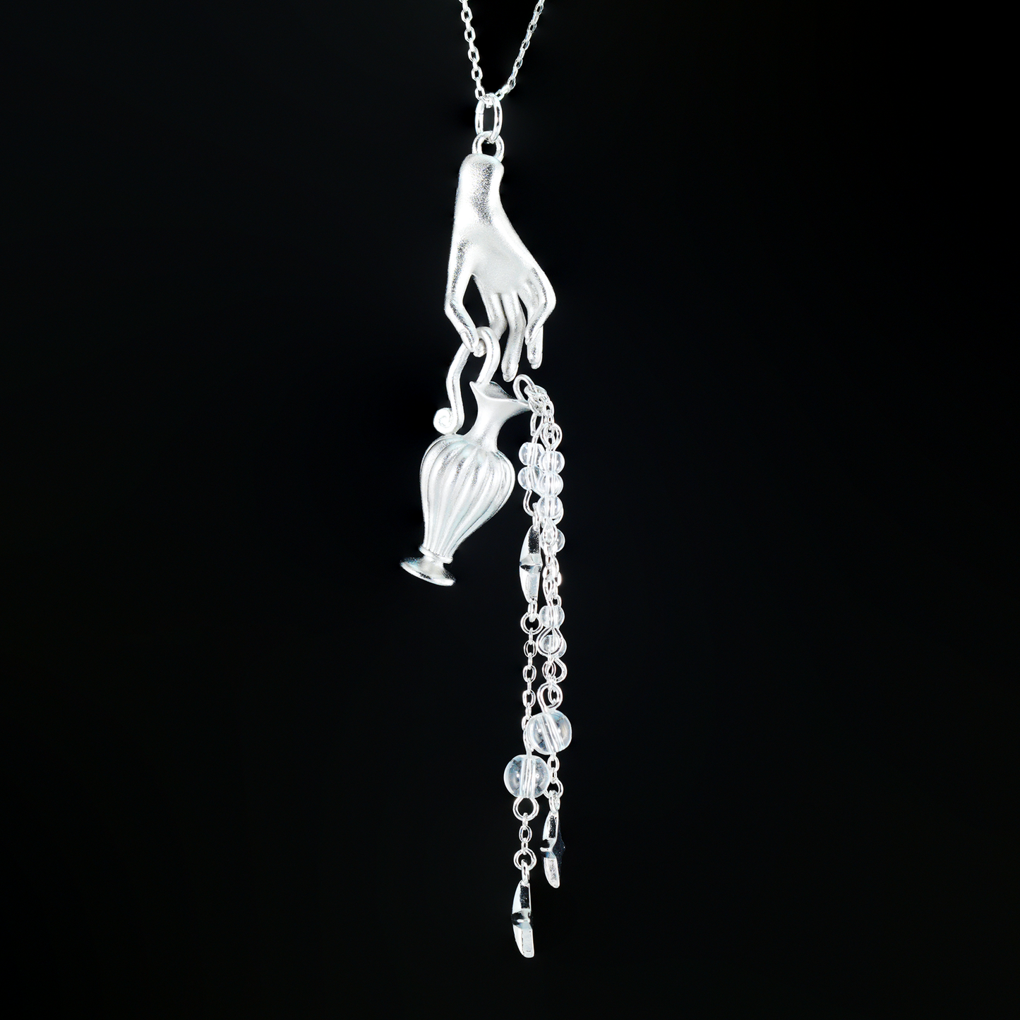 Mythic Hand Holding Vase Necklace with Stars, Vintage Long Pendant, Gothic Statement Jewelry Gift