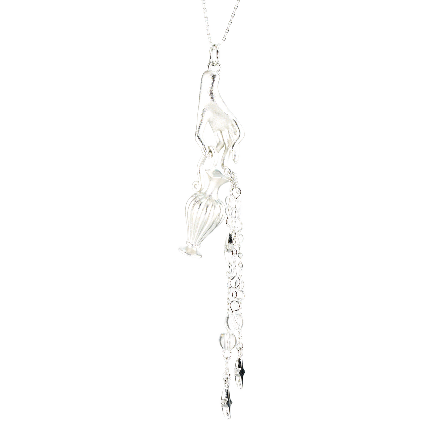 Mythic Hand Holding Vase Necklace with Stars, Vintage Long Pendant, Gothic Statement Jewelry Gift