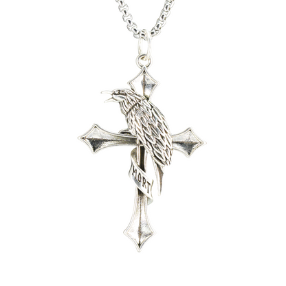 Raven & Cross Gothic Pendant, Dark Gothic brass Necklace, Symbol of Fate & Mystery