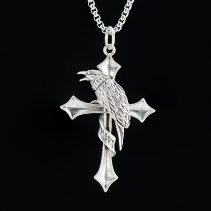 Raven & Cross Gothic Pendant, Dark Gothic brass Necklace, Symbol of Fate & Mystery