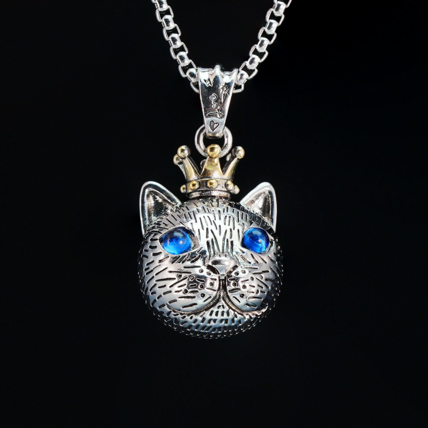 Gothic Royal Cat Pendant, Blue-Eyed Crowned Cat Necklace, Fantasy Animal Jewelry