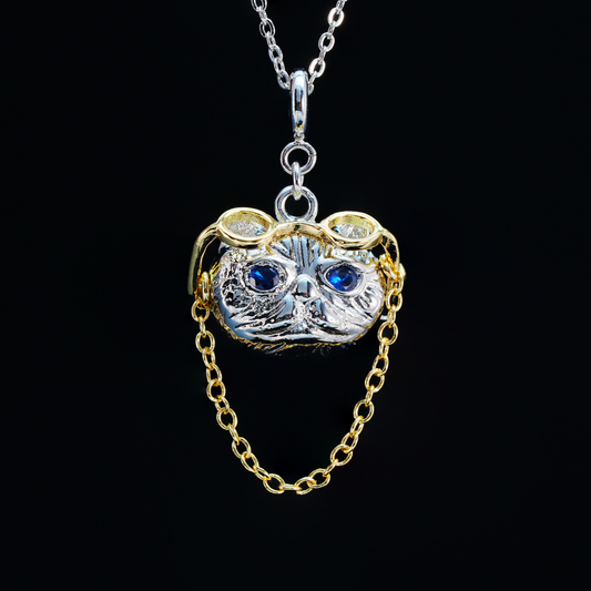 Gothic Steampunk Cat Brooch Pendant, Wise Blue-Eyed Cat with Golden Glasses, Fantasy Jewelry