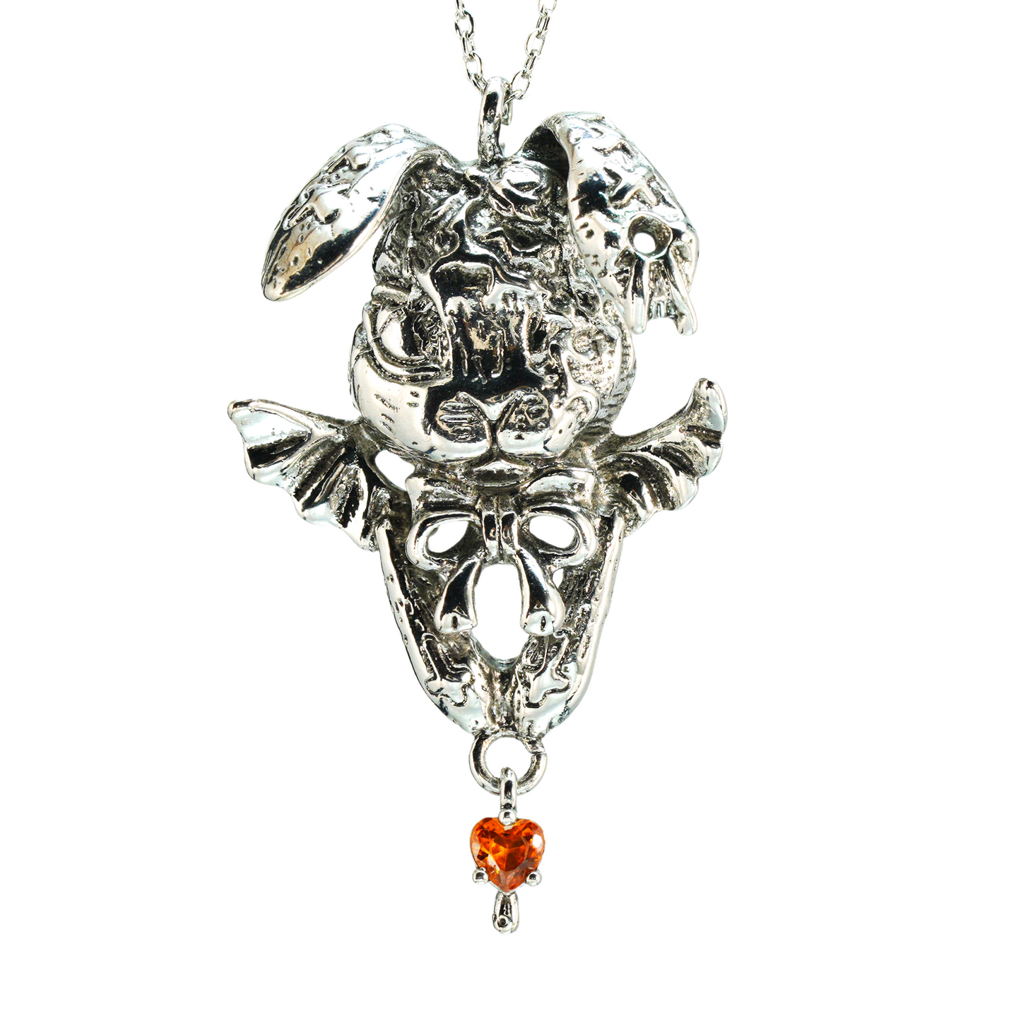 Gothic Winged Bunny Pendant, Orange Heart Gem Fantasy Rabbit Necklace, Gothic Animal Jewelry