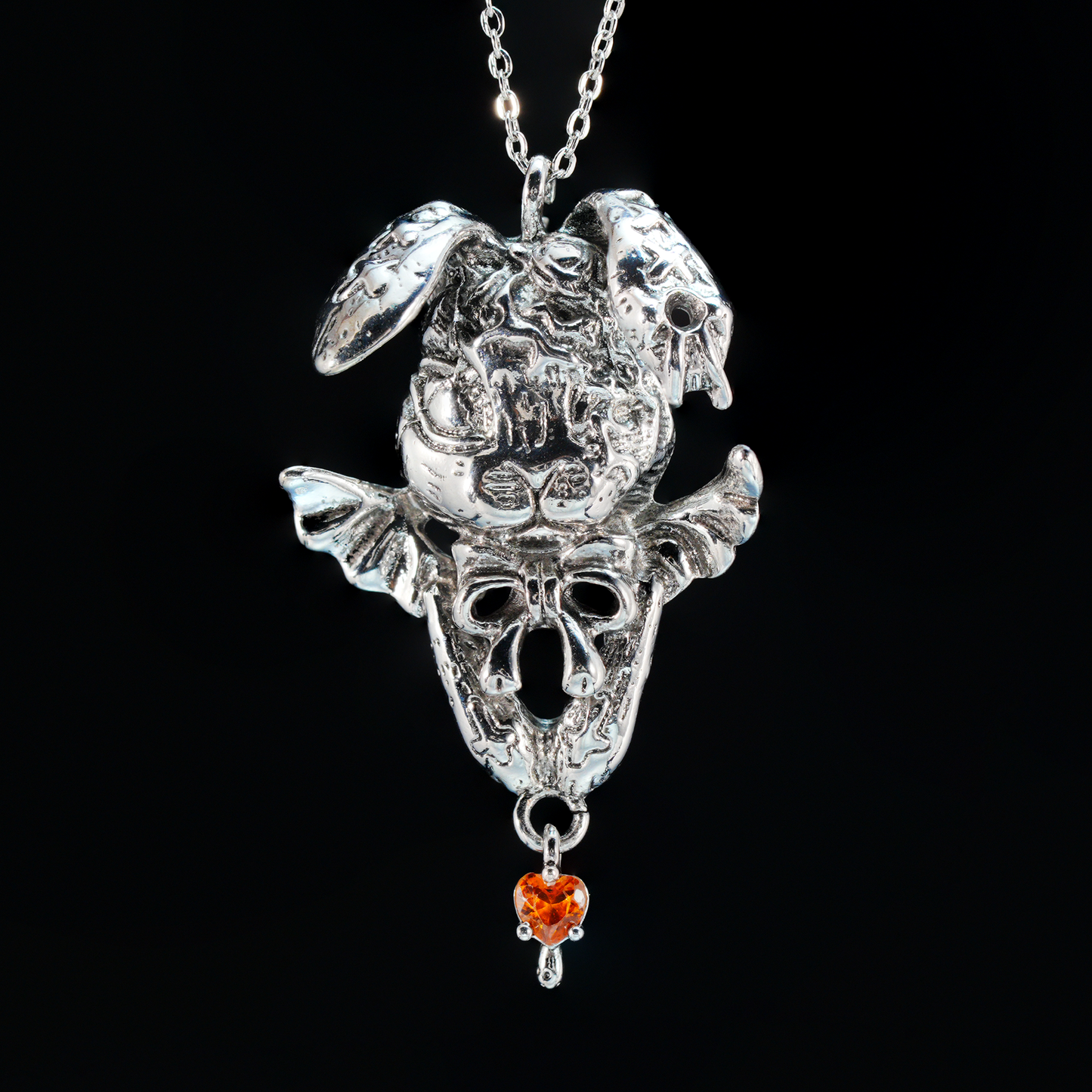 Gothic Winged Bunny Pendant, Orange Heart Gem Fantasy Rabbit Necklace, Gothic Animal Jewelry