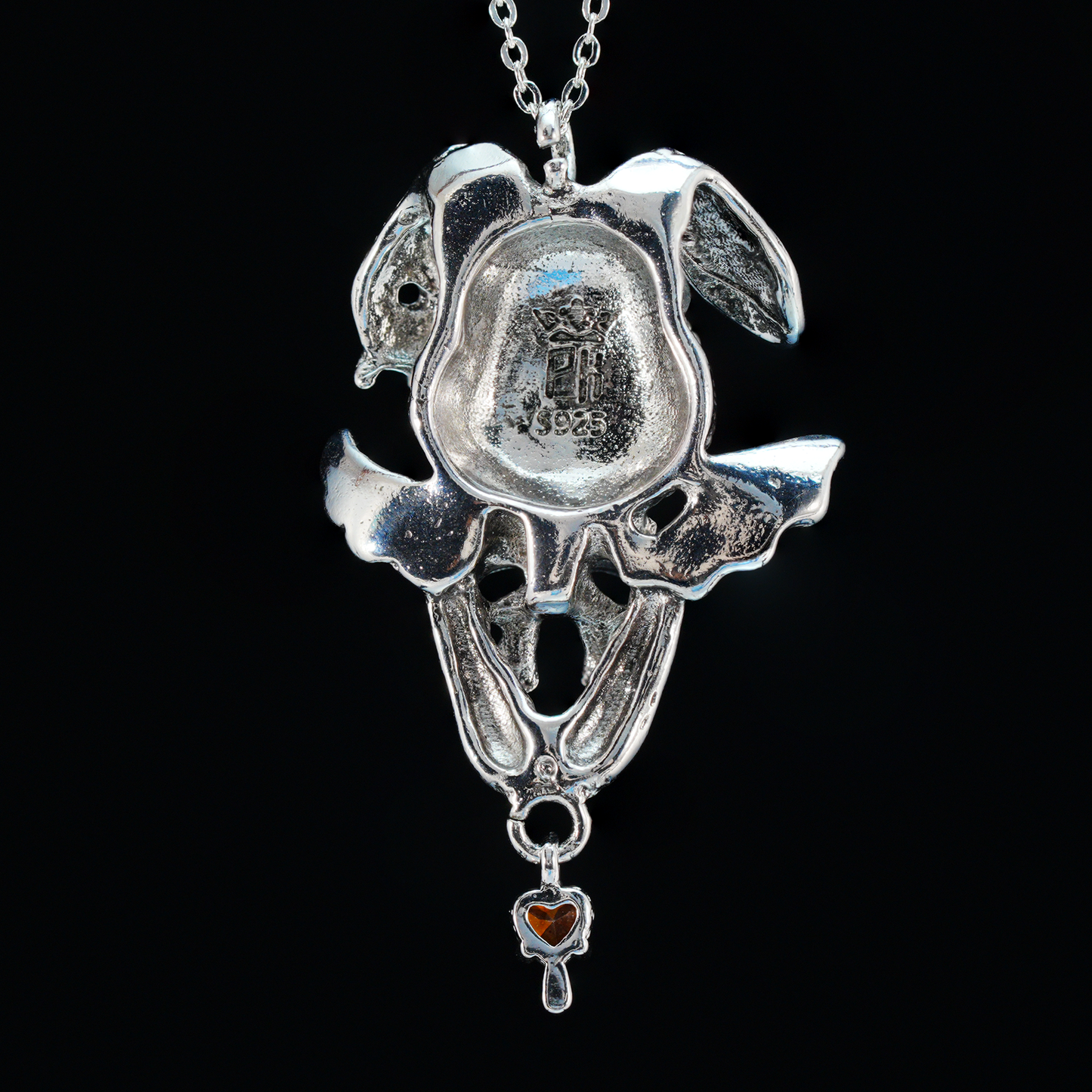 Gothic Winged Bunny Pendant, Orange Heart Gem Fantasy Rabbit Necklace, Gothic Animal Jewelry