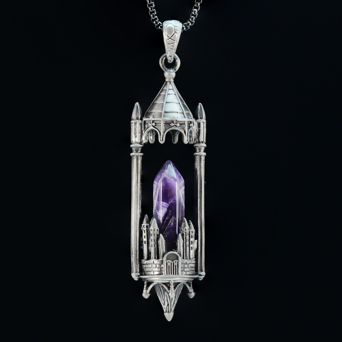 Gothic Cathedral Crystal Pendant Necklace, Medieval Fantasy Jewelry for Protection & Power