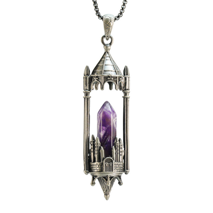 Gothic Cathedral Crystal Pendant Necklace, Medieval Fantasy Jewelry for Protection & Power