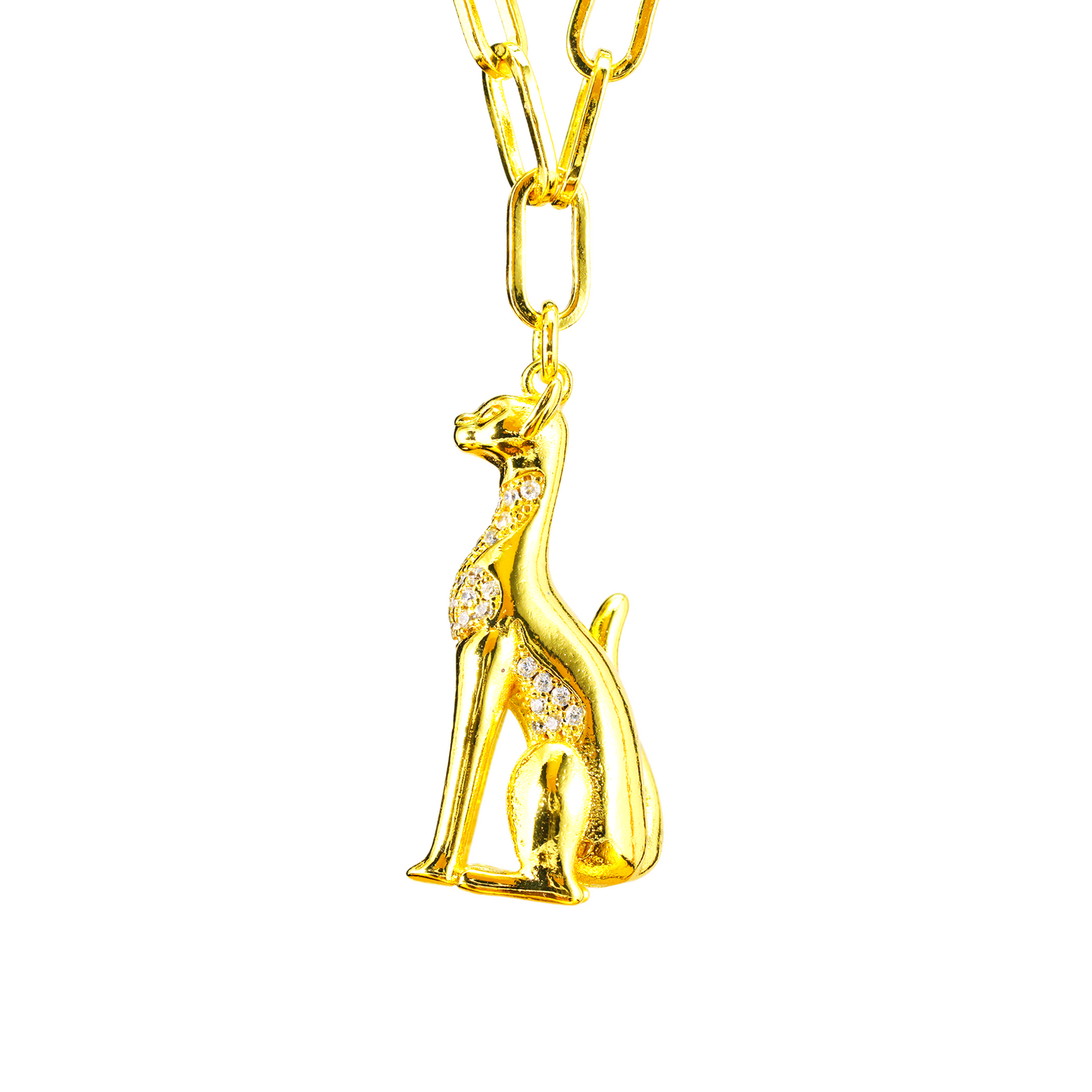 Egyptian Cat Goddess Pendant Necklace Vintage Gold with Crystal Lux Statement Jewelry