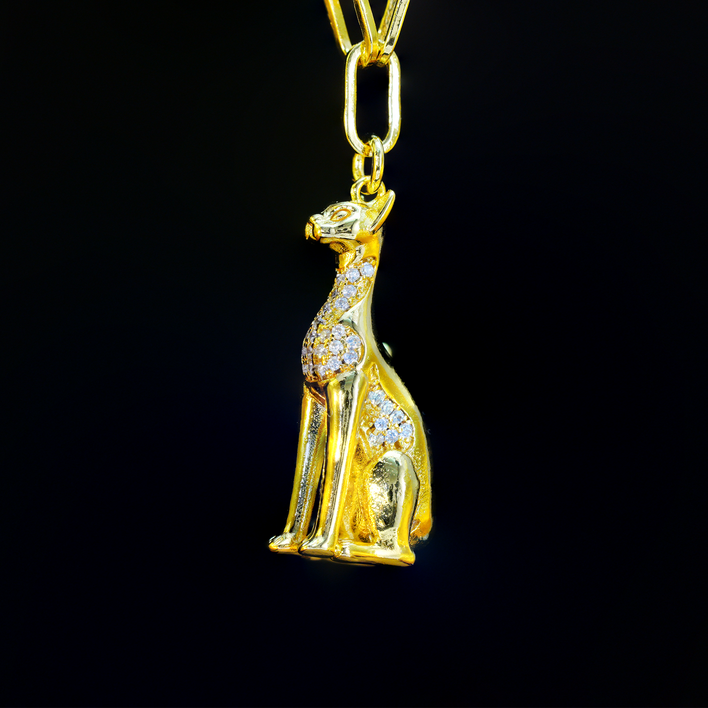 Egyptian Cat Goddess Pendant Necklace Vintage Gold with Crystal Lux Statement Jewelry