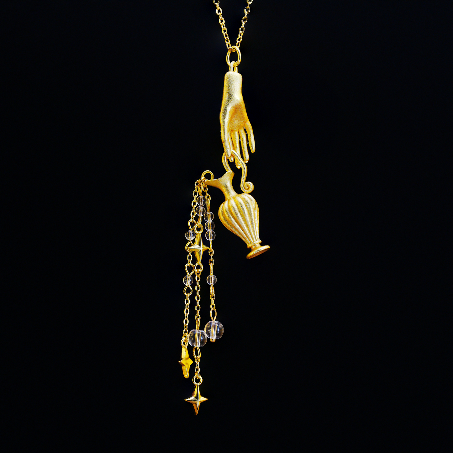 Mythic Hand Holding Vase Necklace with Stars, Vintage Long Pendant, Gothic Statement Jewelry Gift
