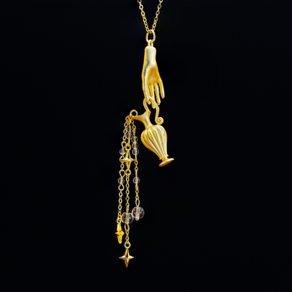 Mythic Hand Holding Vase Necklace with Stars, Vintage Long Pendant, Gothic Statement Jewelry Gift