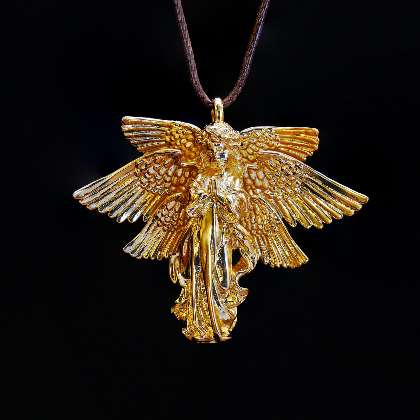 Golden Guardian Angel Pendant, Vintage Winged Angel Necklace, Gothic Religious Jewelry