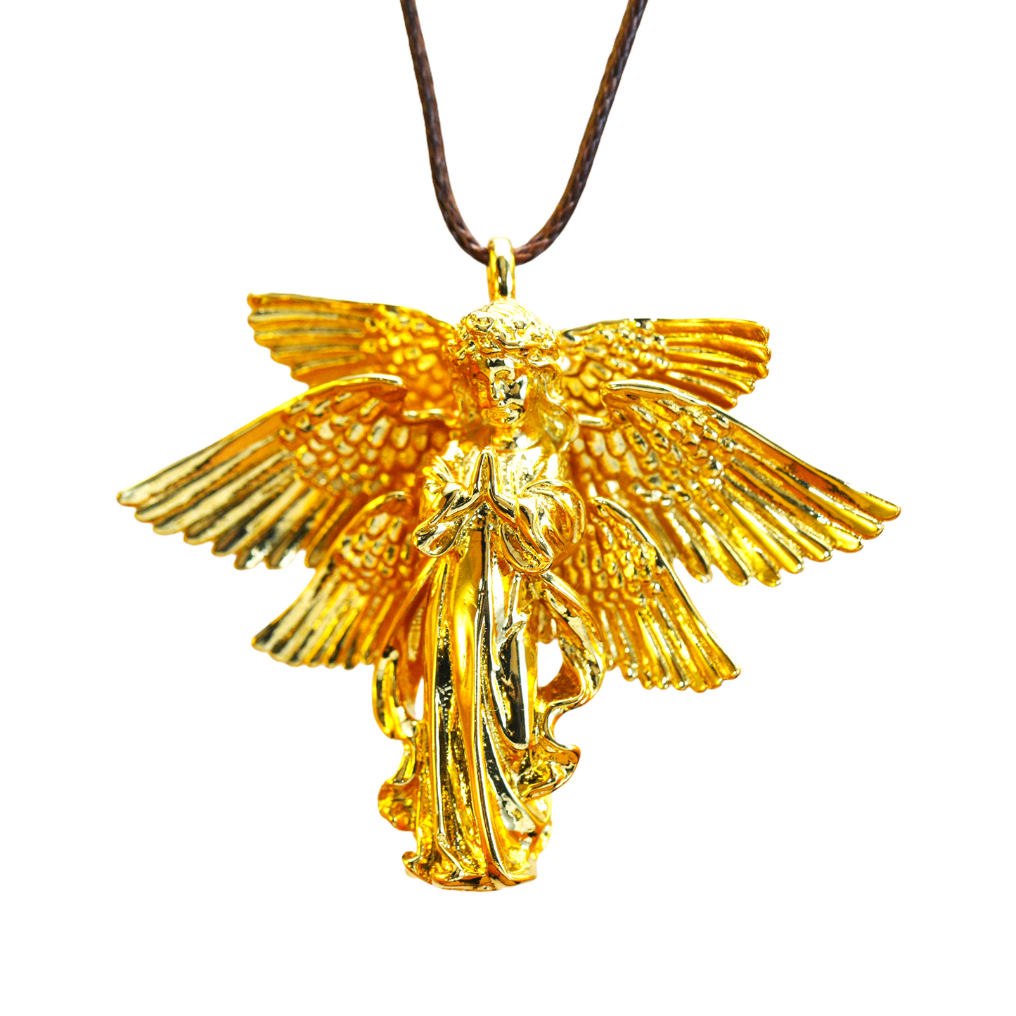 Golden Guardian Angel Pendant, Vintage Winged Angel Necklace, Gothic Religious Jewelry