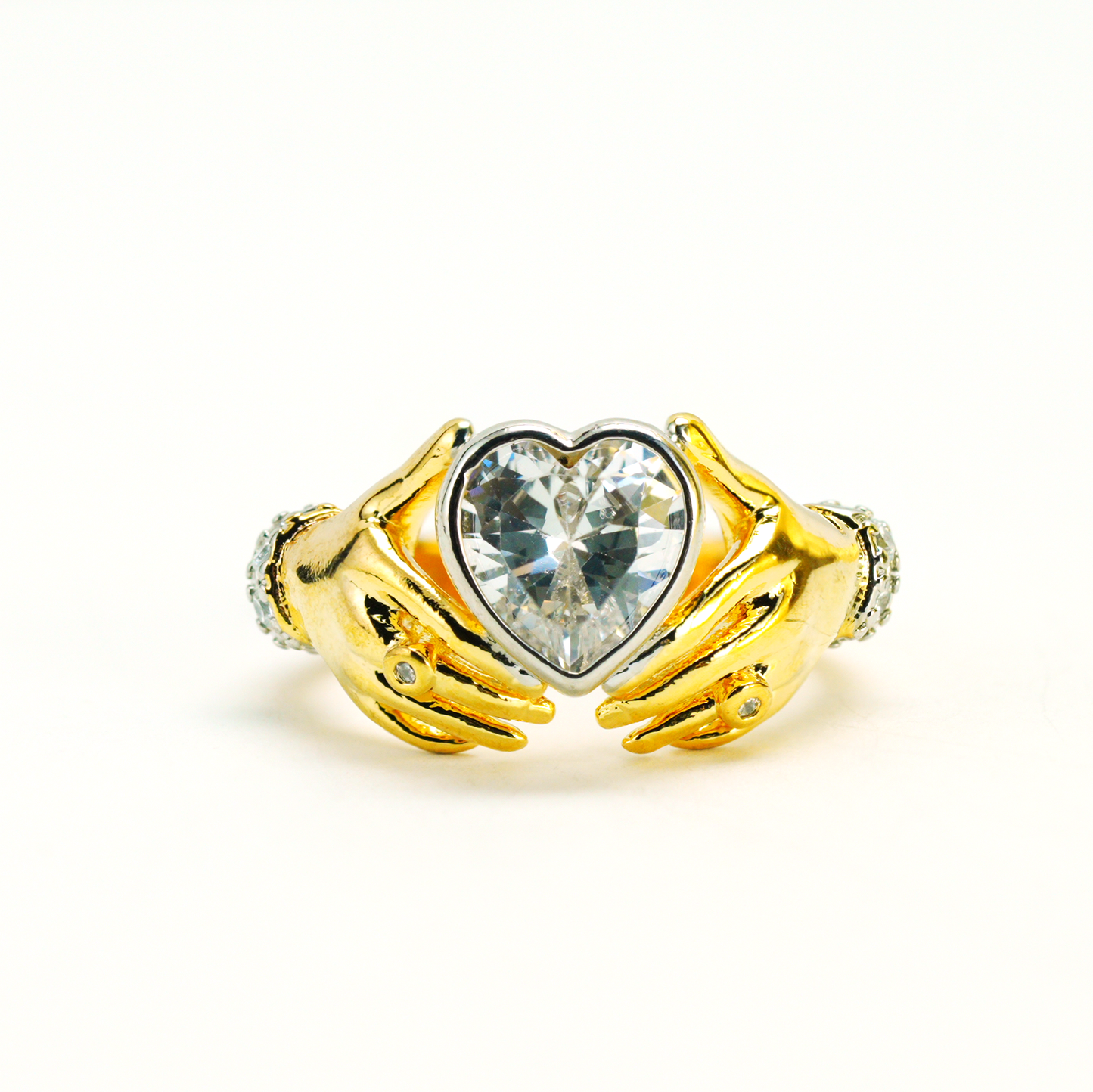 Hands Holding Heart Ring with CZ Stone Vintage Romantic Couple Jewelry