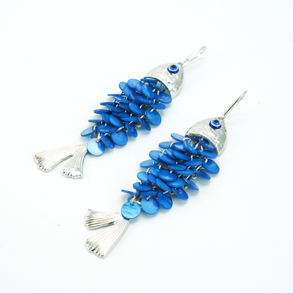 Blue Fish Scale Long Dangle Earrings Ocean Style Statement Jewelry for Summer