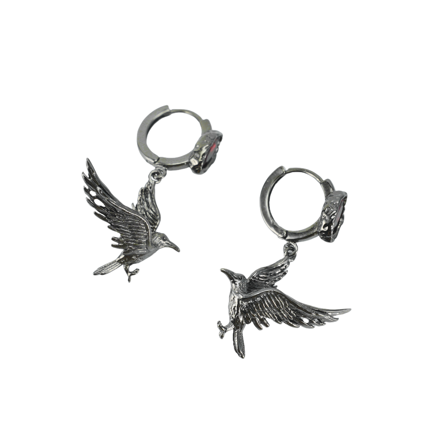 Gothic Raven Earrings with Crimson Gem, Norse Mythology Bird Jewelry, Witchy Pagan Gift