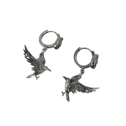 Gothic Raven Earrings with Crimson Gem, Norse Mythology Bird Jewelry, Witchy Pagan Gift