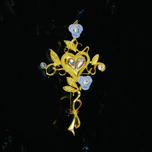 Heart & Rose Gothic Cross Brooch, Romantic Vintage Love Emblem
