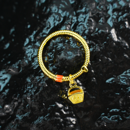Gold spring ring design ring with red embellishment Chinese auspicious retro ring
