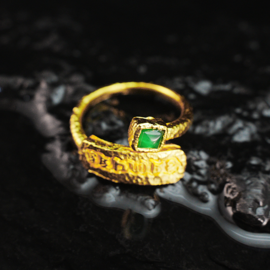 Vintage Tibetan Amulet Ring with Green Gemstone Adjustable Brass Boho Jewelry