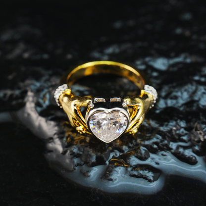 Hands Holding Heart Ring with CZ Stone Vintage Romantic Couple Jewelry