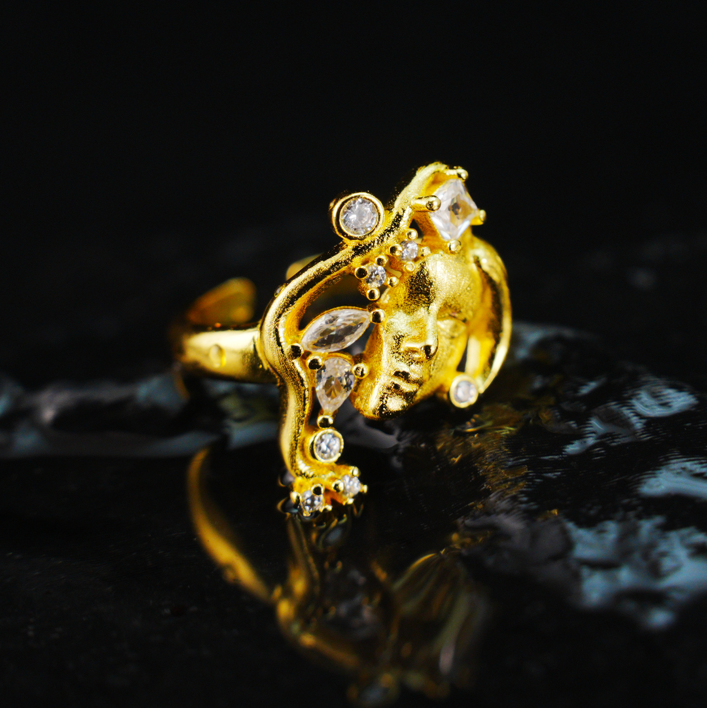 Moon Goddess Gold Ring Vintage Crystal Starry Night Adjustable Ring
