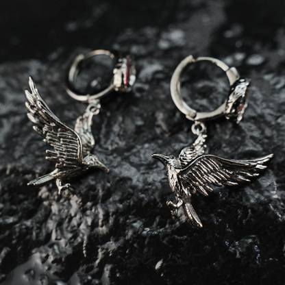 Gothic Raven Earrings with Crimson Gem, Norse Mythology Bird Jewelry, Witchy Pagan Gift