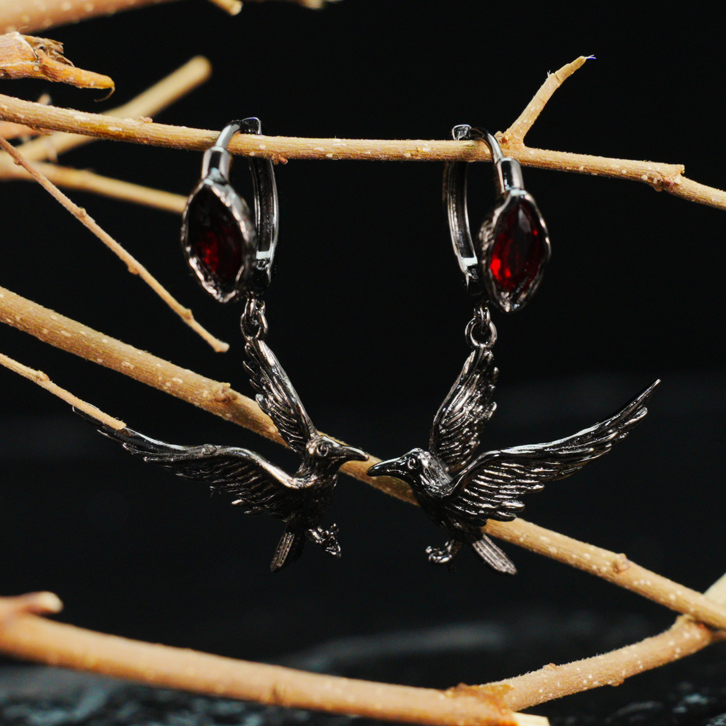 Gothic Raven Earrings with Crimson Gem, Norse Mythology Bird Jewelry, Witchy Pagan Gift
