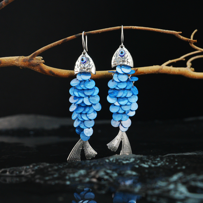 Blue Fish Scale Long Dangle Earrings Ocean Style Statement Jewelry for Summer