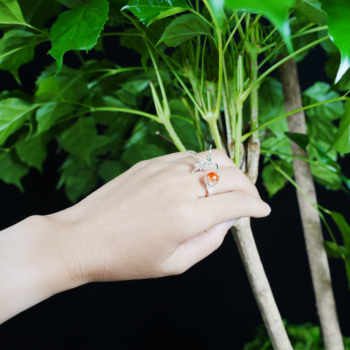 Enchanted Forest Fairy Ring, Gothic Fantasy Elf Jewelry with Orange Gem, Magic Nature Gift