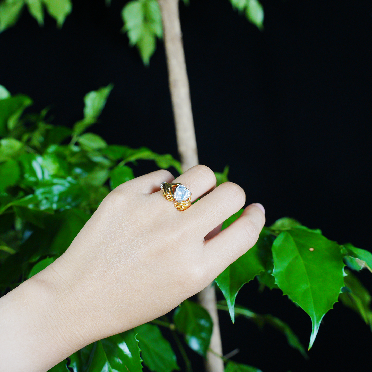 Hands Holding Heart Ring with CZ Stone Vintage Romantic Couple Jewelry